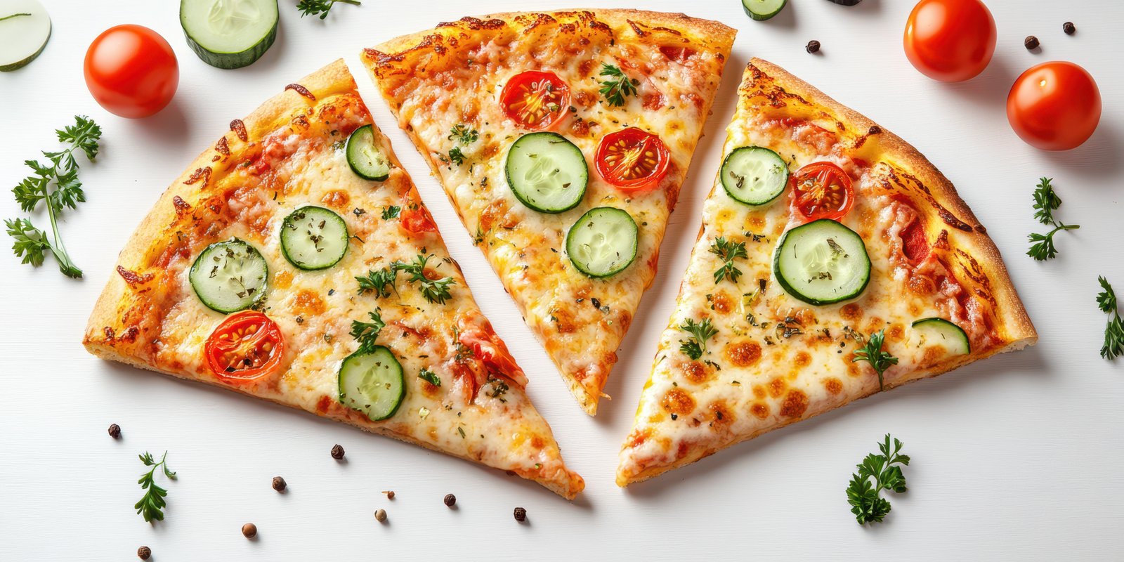 Delicious pizza slices with fresh tomatoes and cucumbers on a white surface
